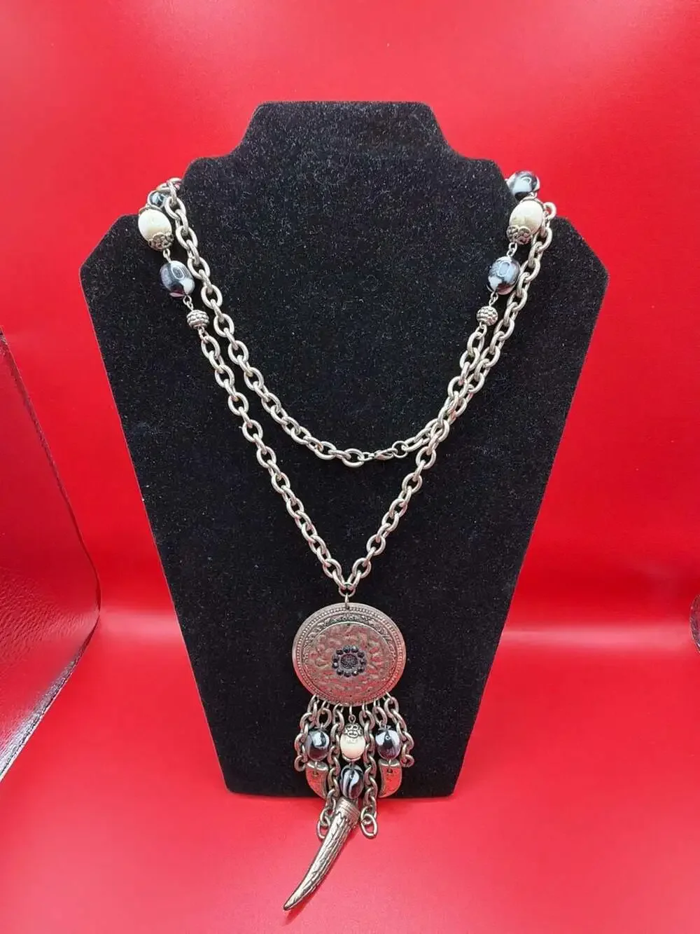Boho Silver-Tone Multi-Chain Necklace With Ornate Medallion Pendants